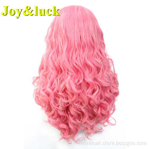 Lacefront Wholesale Price Wig For Women Natural Water Wave Free Part Cosplay Or Party Long Curl Pink Color Synthetic Ladies Hair